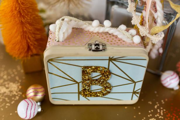 Upcycled Tin Box With Sparkly Letter "B" and Gold Accents, Yarn Handle