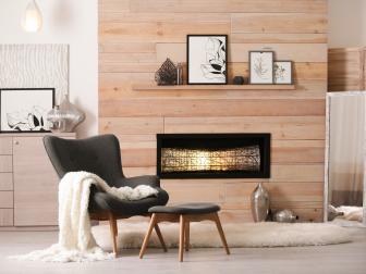 Cozy living space with fireplace built into a hardwood wall
