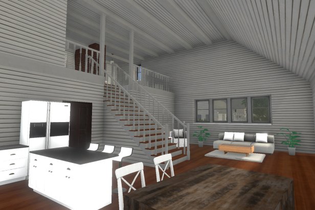 A screenshot of HGTV House Flipper from the inside of a newly renovated home. This image also serves as the after photo when the project is complete.
