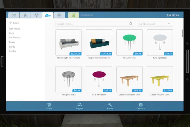 Screenshot of Tablet With Furniture Choices, Prices From House Flipper