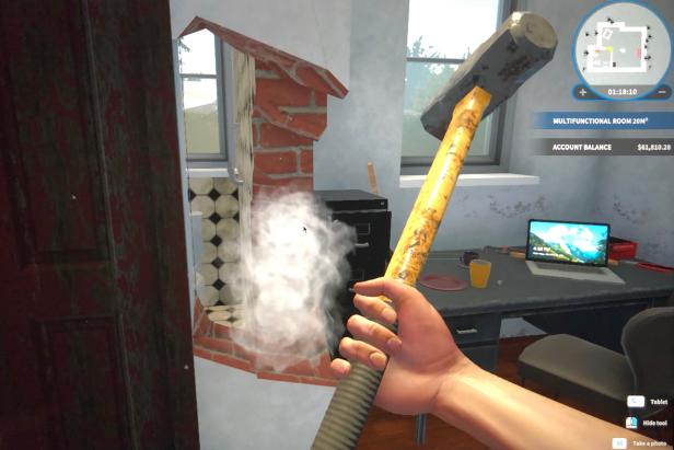 In-Game First-Person View of Sledgehammer Use, Bricks Crumbling
