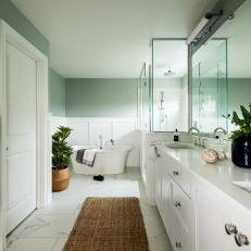Blue Green Transitional Bathroom With Woven Rug