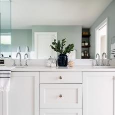 Blue Transitional Bathroom With White Cabinets