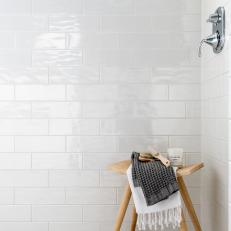 Walk-In Shower With Gray Herringbone Floor