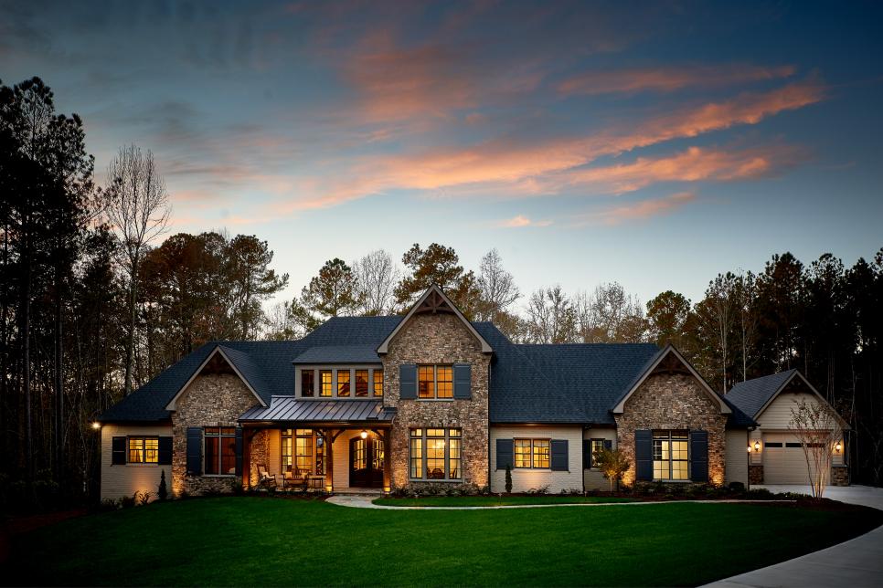 Stone Home Exterior at Sunset
