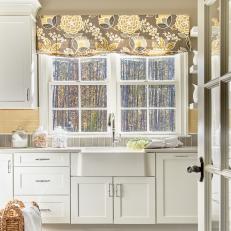 Tan Transitional Laundry Room With Floral Shade