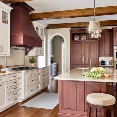 Brown and White Traditional Chef Kitchen With Stool