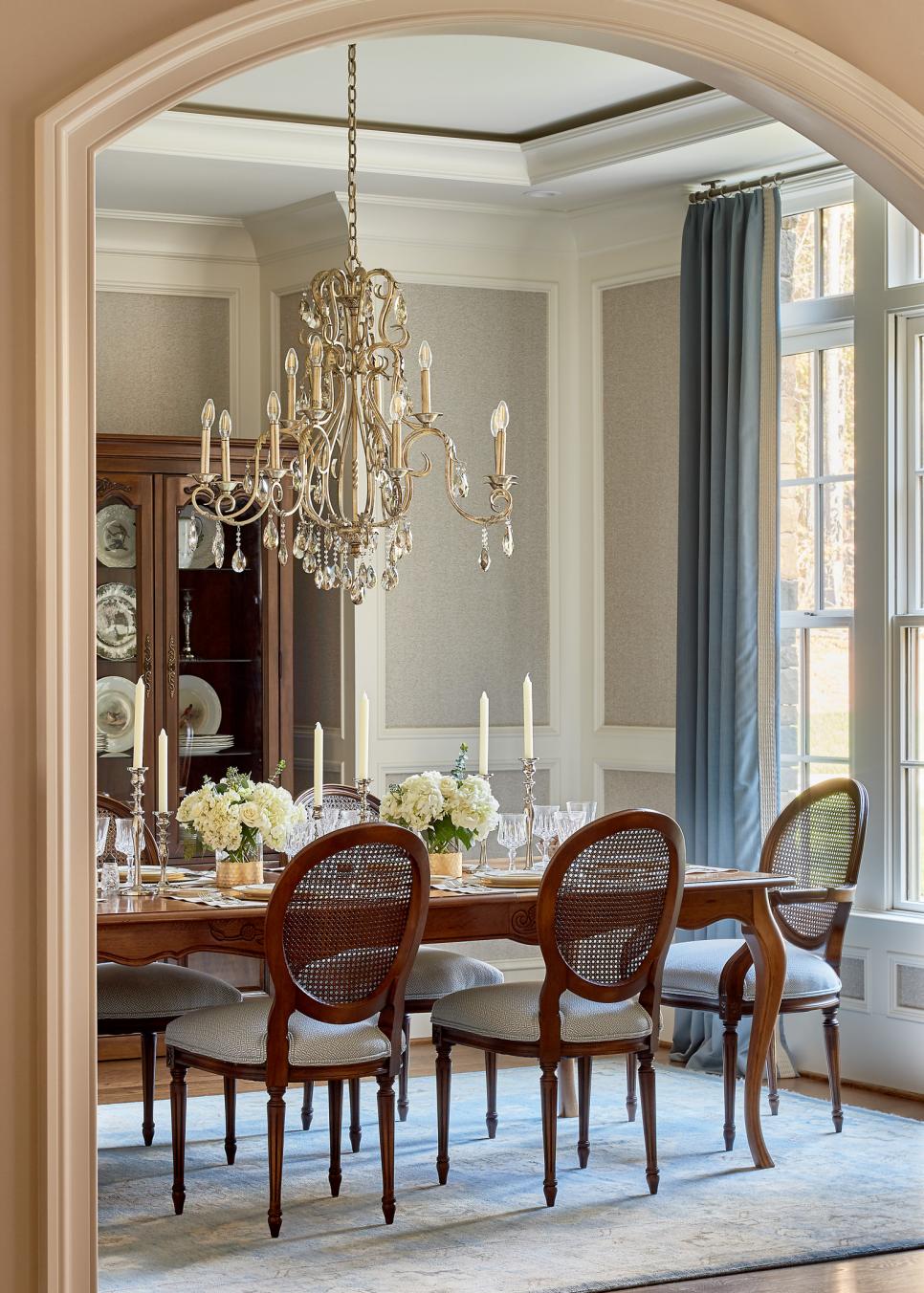 Traditional Dining Room With Blue Curtains | HGTV