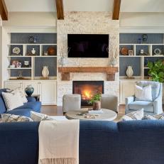 Transitional Living Room With Rustic Mantel