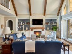 Transitional Living Room With Two Blue Sofas