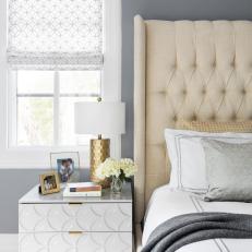 Gray Transitional Main Bedroom With Gold Lamp