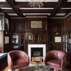 Paneled Eclectic Library With Pink Chairs