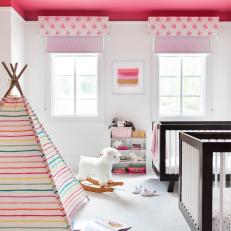 Transitional Nursery With Pink Ceiling