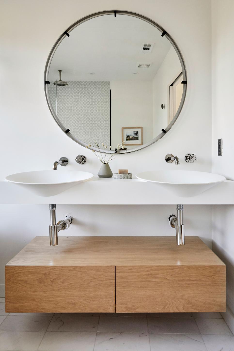 Floating White Oak Sink Vanity With Round Mirror Hgtv