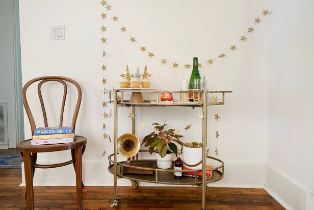 Wooden Star Garland, Star Cupcake Decor in Corner on Bar Cart 