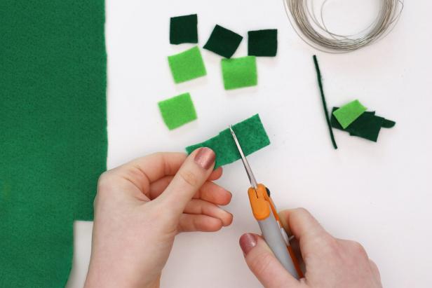 Cut about 90 green felt squares that measure around ¾” on each side. Don’t worry about them all being perfectly even.
