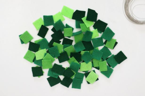 Cut about 90 green felt squares that measure around ¾” on each side. Don’t worry about them all being perfectly even.