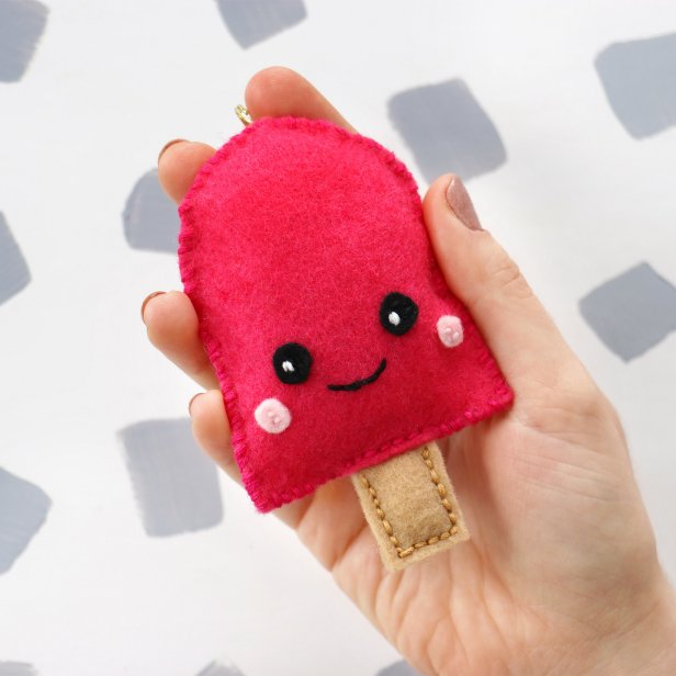 Create a red popicicle plushie key chain the same way as the avocado.