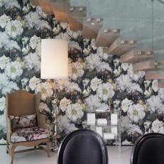 Eclectic Dining Room With Floral Wallpaper
