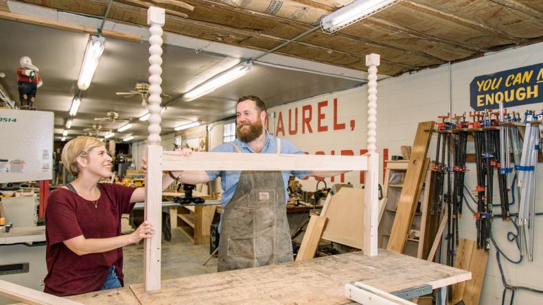 As seen on Home Town, Ben and Erin Napier work together to build a headboard for a residence in Laurel, MS which will be fully transformed during renovation. (Working)