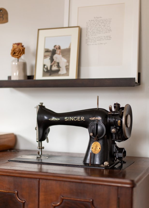 A vintage sewing machine is a sentimental addition to a Los Angeles living room.
