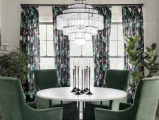 Black Floral Curtains Frame Windows in White Transitional Dining Room