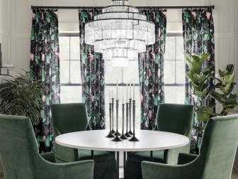 Black Floral Curtains Frame Windows in White Transitional Dining Room