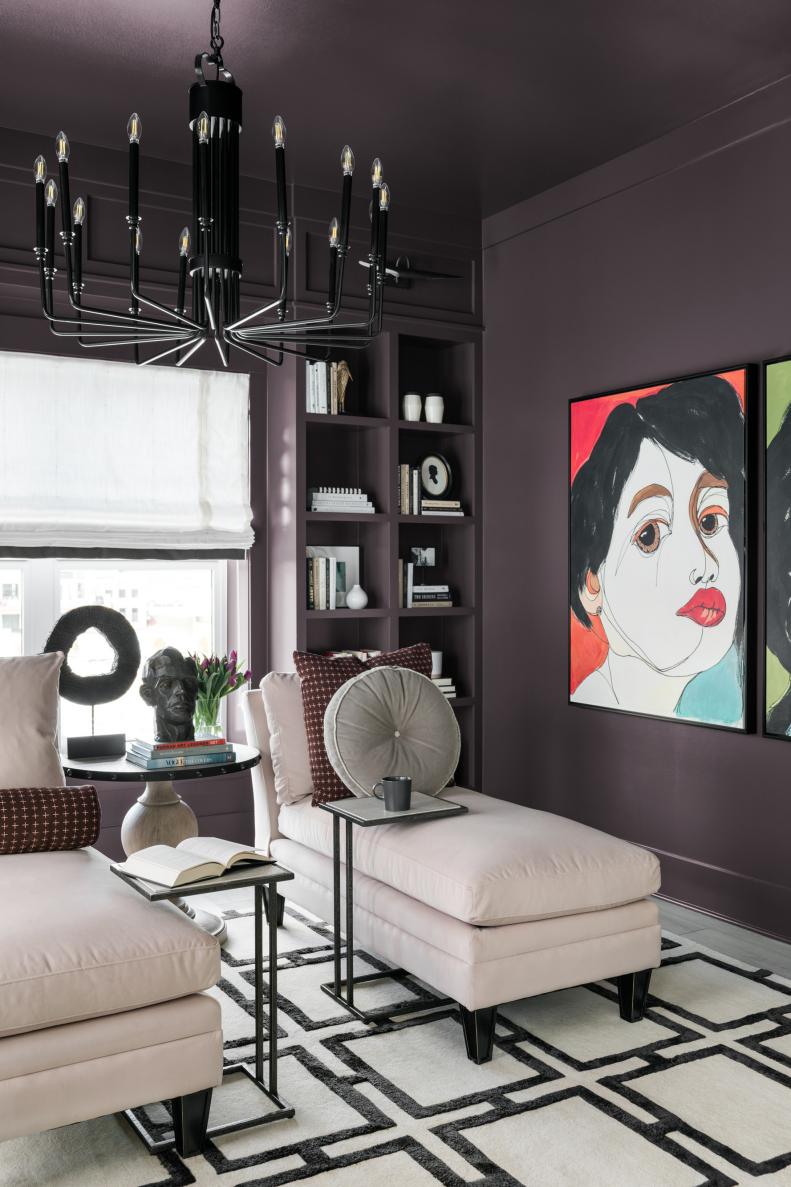 Colorful Artwork Lightens Up Dark-Purple Sitting Room