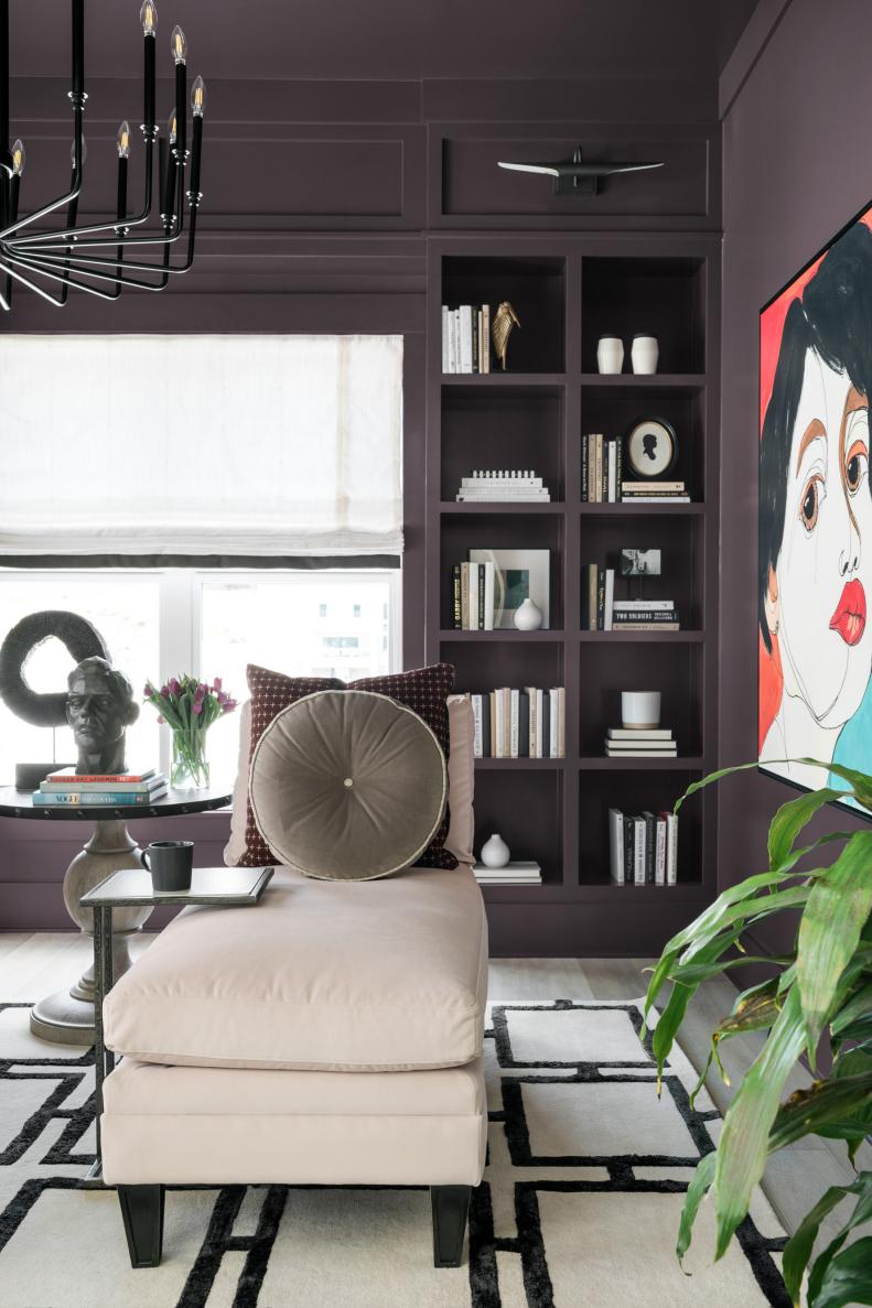Neutral Chaise Near Built-In Bookcases in Purple Transitional Study
