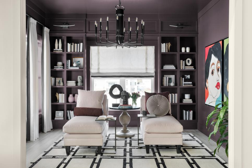 Purple Transitional-Style Study Offers Glam, Relaxing Retreat