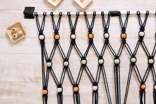 Continue tying lark's head knots and square knots adding alternating neutral, orange and teal beads in between. See step-by-step for knot-tying instructions.