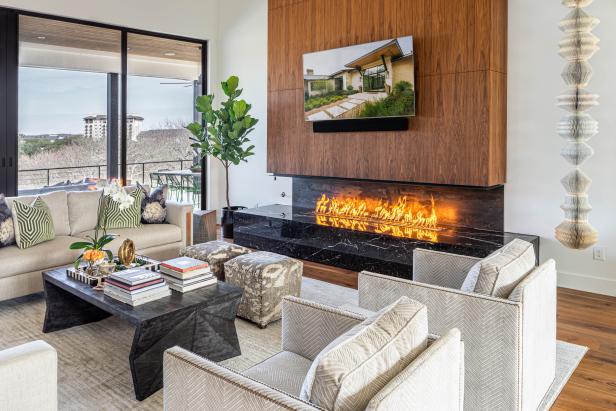 Neutral Contemporary Living Room With Modern Fireplace Hgtv