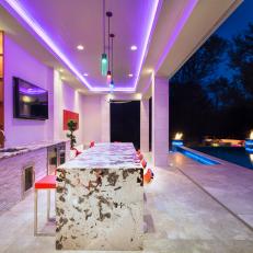 Outdoor Kitchen and Bar With Neon Lighting