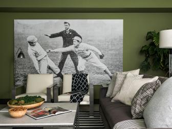 Oversized Black-and-White Baseball Photograph in Green Great Room