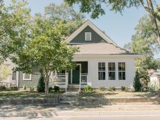As seen on Home Town, the Yeager residence has een fully renovated by Ben and Erin Napier. After renovations, their Laurel, MS home now features a front porch, updated windows, and a fresh coat of paint. (After matches Before #1)