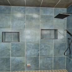 Blue Walk In Shower With Ridged Tile