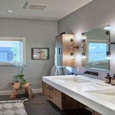 Gray Bathroom With Wood Stool