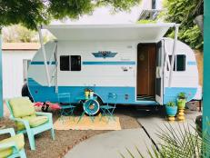 Blue & White Retro RV Trailer