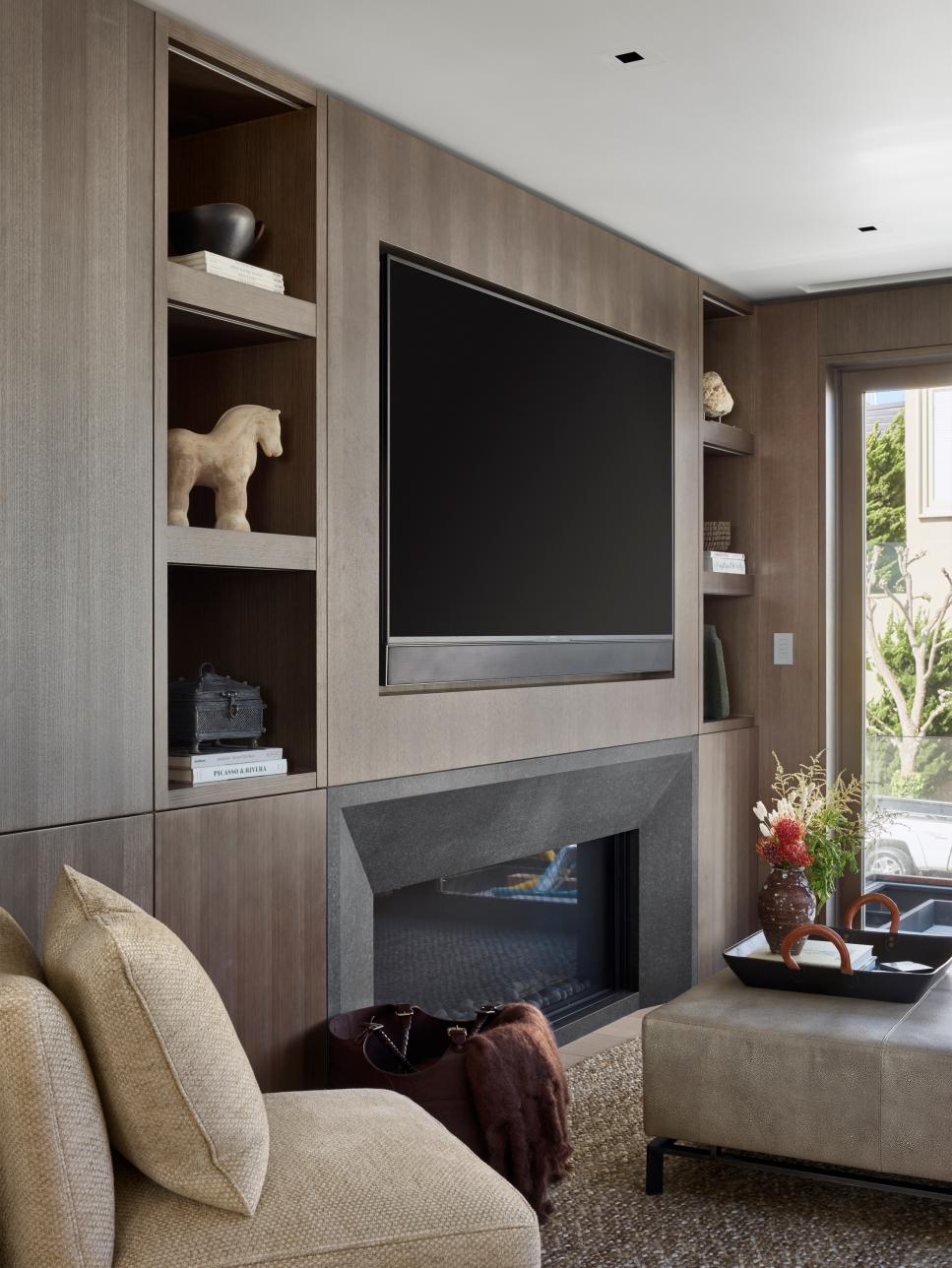 modern living room with wood paneling hgtv