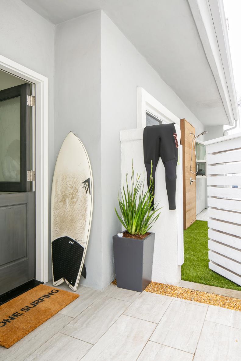 Modern Coastal Exterior Entry With Dutch Door and Outdoor Shower, Turf
