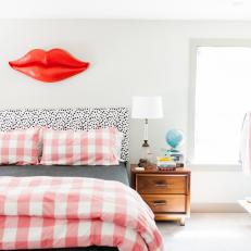 Eclectic Bedroom With Red Lips Art