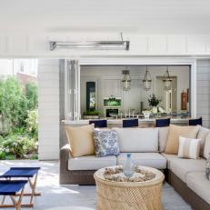 Transitional Porch With Blue Stools