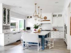 White Transitional Chef Kitchen With Blue Island