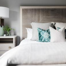 Gray Transitional Bedroom With Blue Pillow