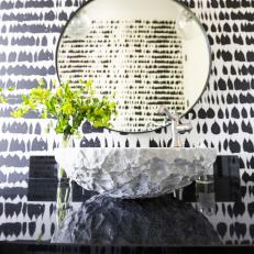 Contemporary Powder Room With Black Wallpaper