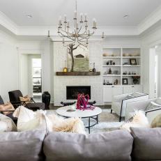 White Transitional Living Room With Brown Chairs