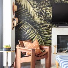 Living Room With Palm Print Wallpaper