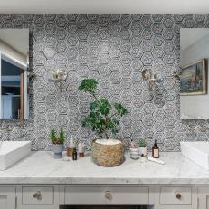 Double Vanity Bathroom With Mosaic Wallpaper
