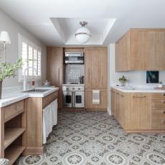 Neutral, Coastal Kitchen With Patterned Tile Floors