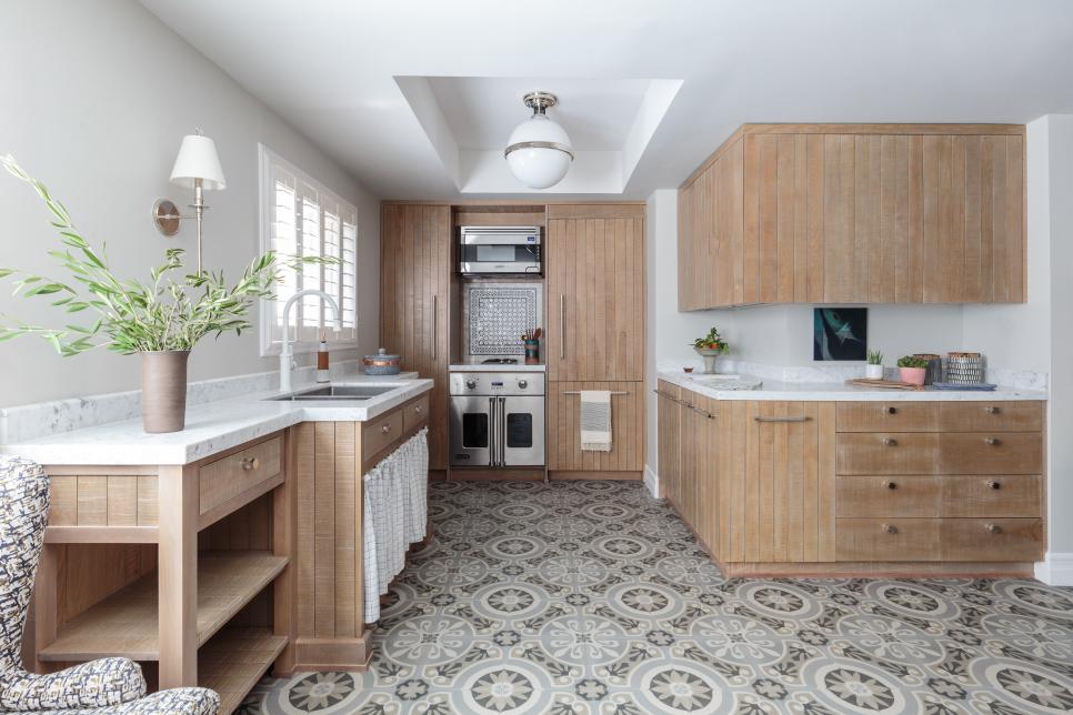 Coastal Kitchen, Patterned Tile Floors, Marble Counters, Wood Cabinets